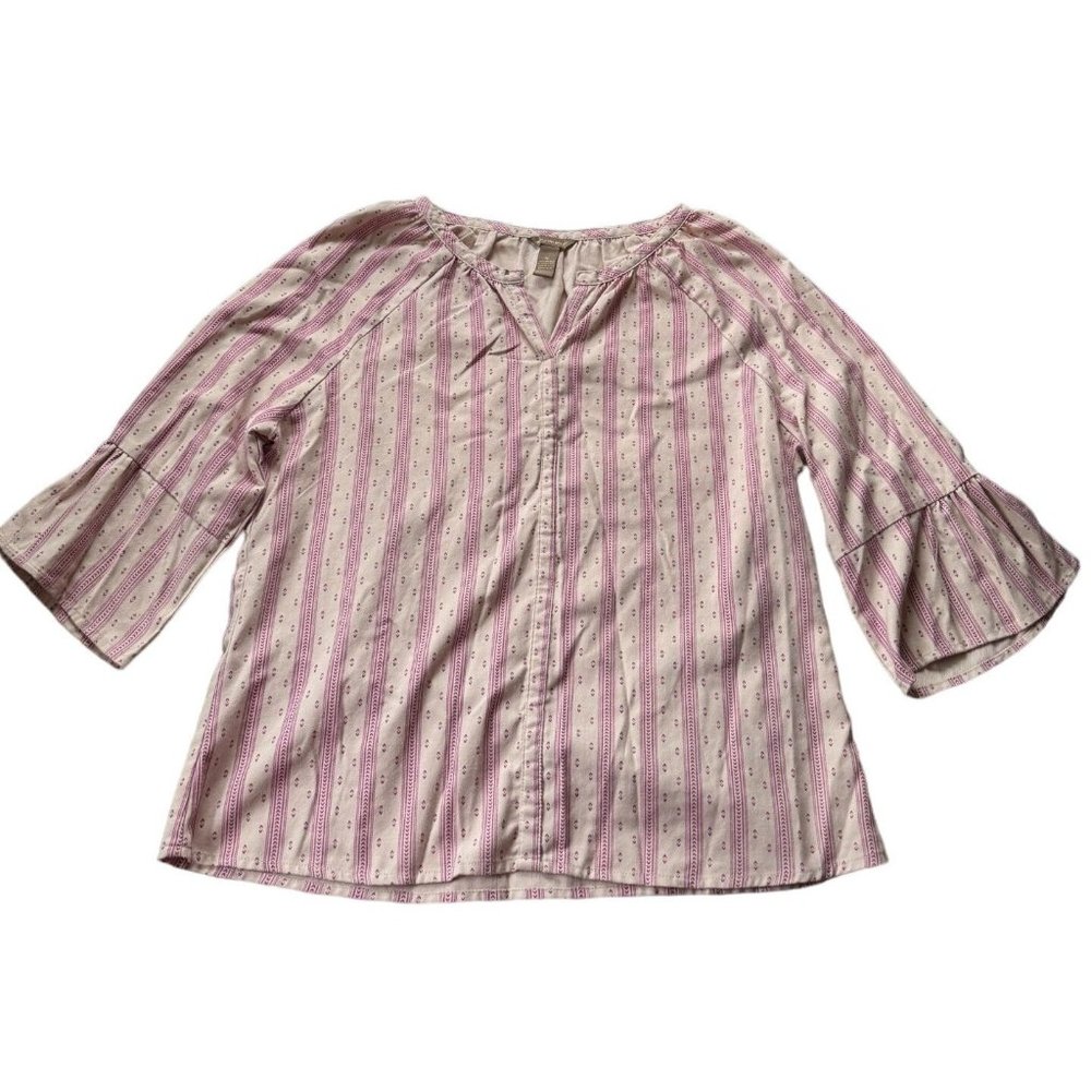 Bit & Bridle Pink Striped Bell Sleeve Blouse Medium V-Neck Boho Top RN129746